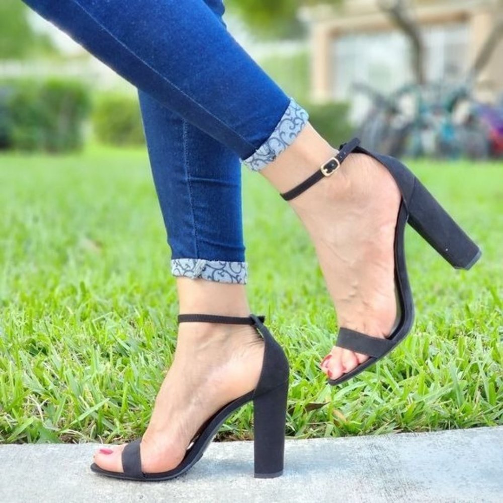 Black Suede Ankle Strap Block Heel Dress Sandals - Picture 3 of 6